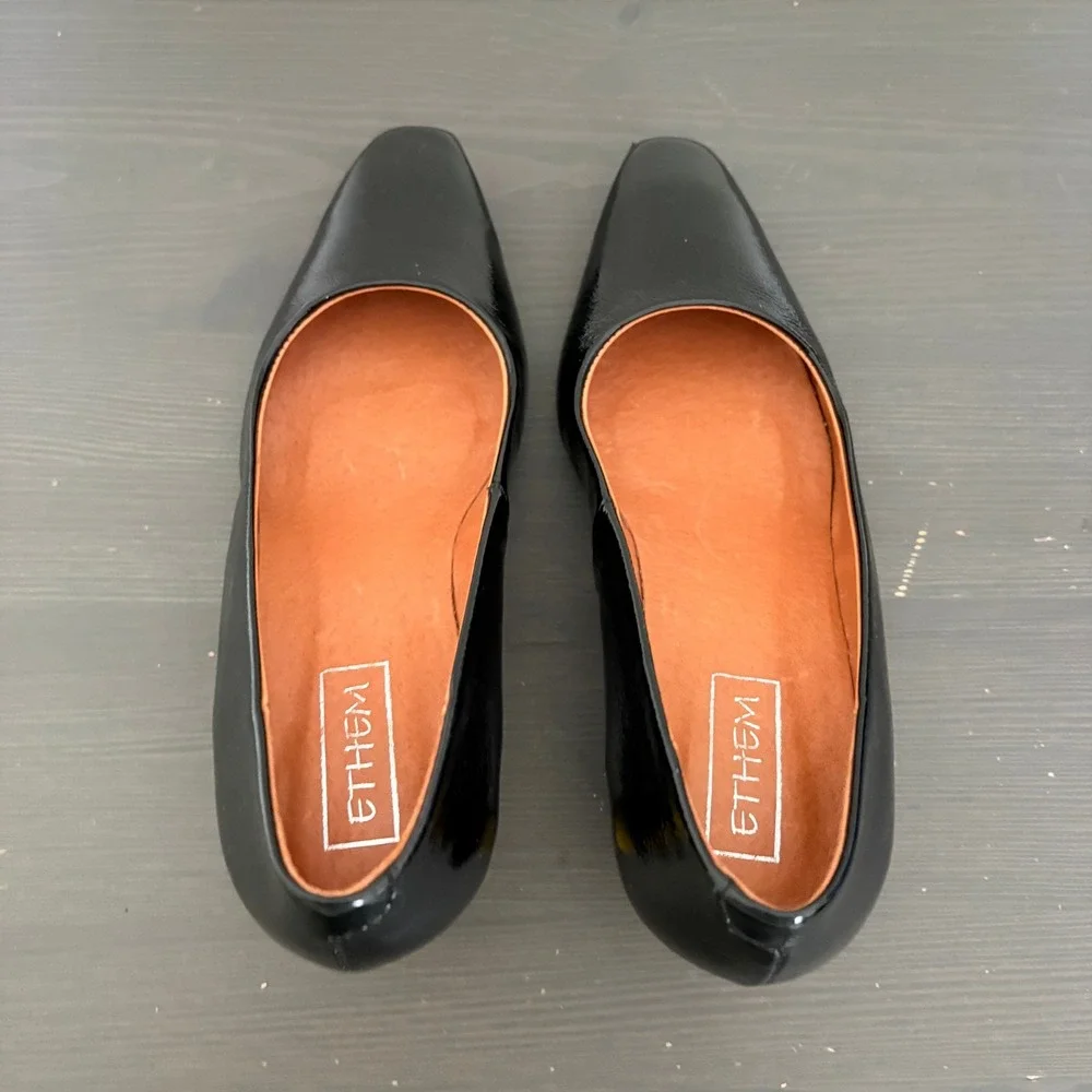 Ethem Pumps Block Heel 38 Black Patent Leather Made in Spain Mod Square Toe